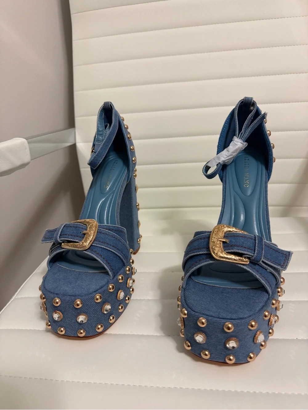 Denim Platform Stud Heels with Gold Accents - Blue